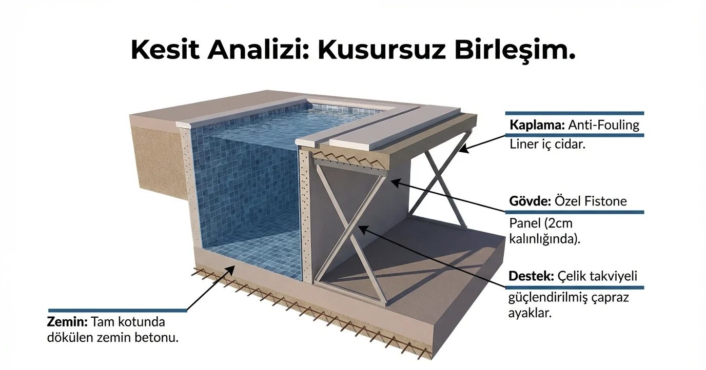 Fiplus panel havuz kesiti: liner, panel gövde ve çapraz ayak